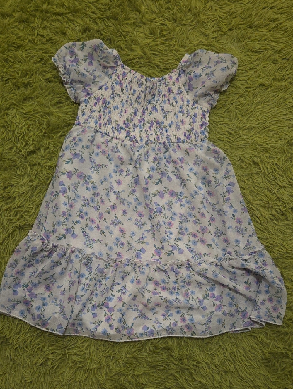 Girls' White Floral Smocked Casual‎ Dress - Lavender & Blue